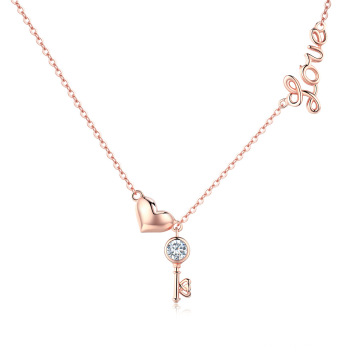 Rose Gold Plated The Key Shape CZ 925 Sterling Silver Pendant Necklace Jewelry